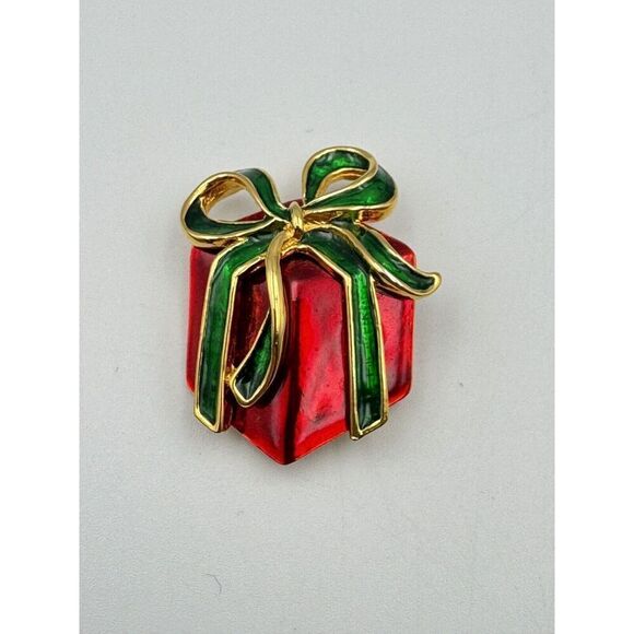 Christmas Gift Box Present Gold Tone Enamel Brooch Pin Red Green Holiday Jewelry - Picture 1 of 5